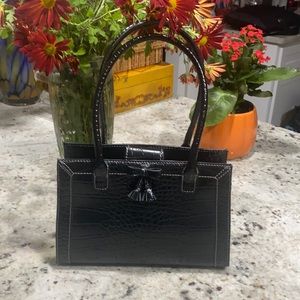 Liz Claiborne Classic Design, Black Faux Alligator Hand Bag with Tassel and Bow